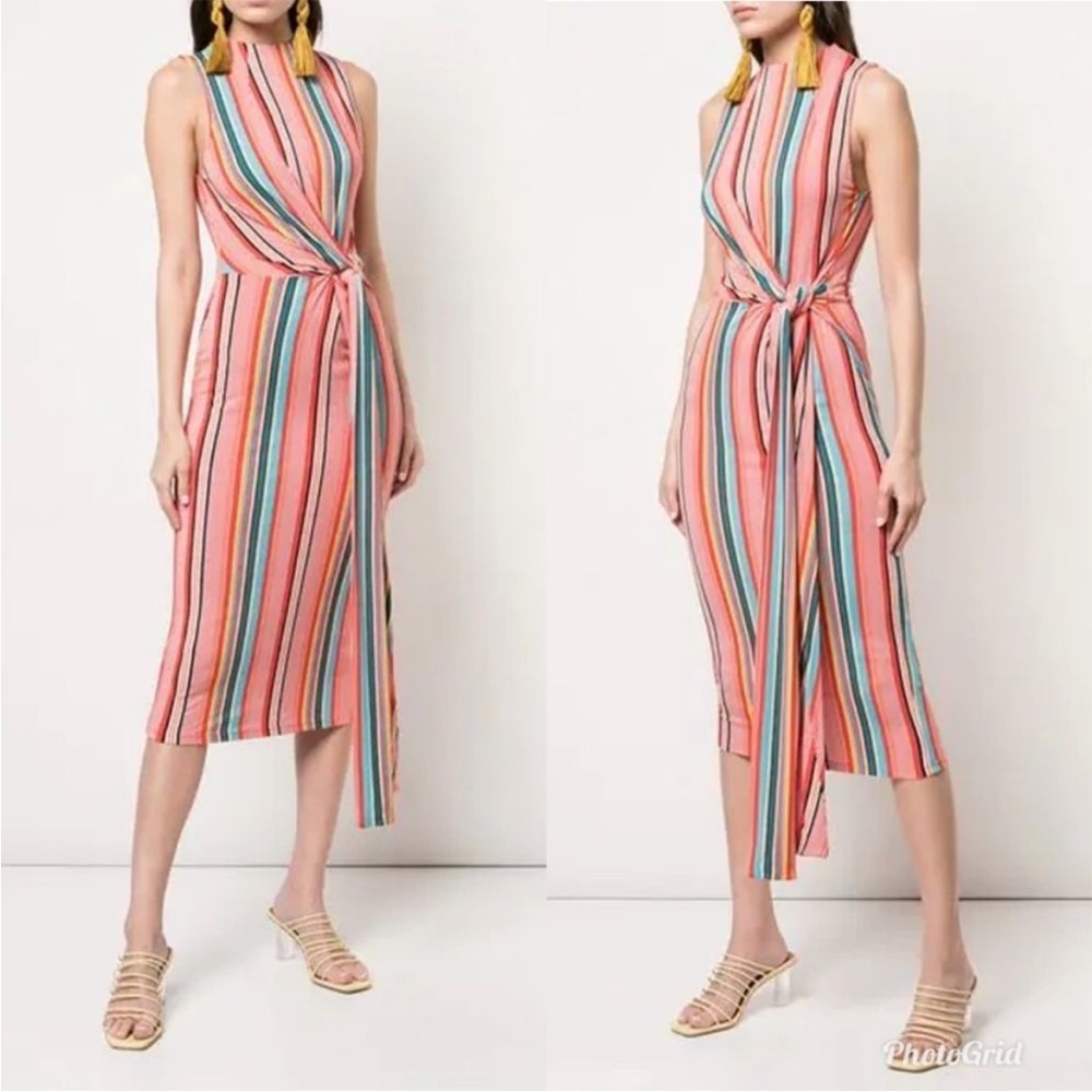 Alice and Olivia Sports Muiltistripes Delora Tie Waist Mock Neck Jersey Midi